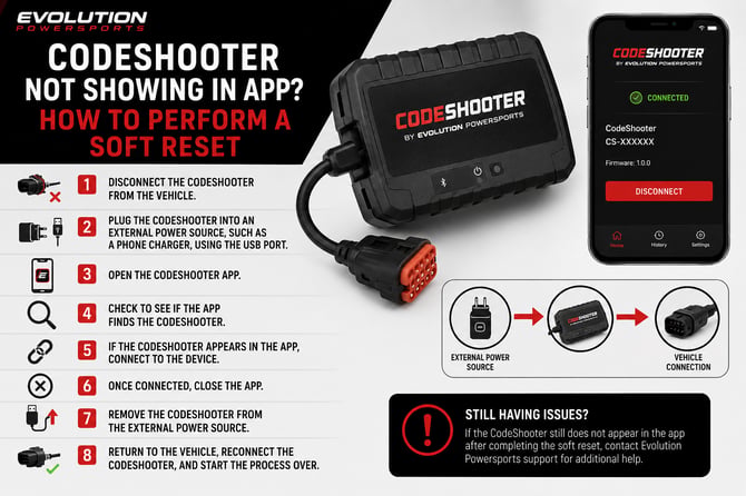 Evolution Powersports Codeshooter soft reset instructions