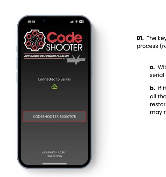 CodeShooter 2.0 · MG1 ECU Pairing screen