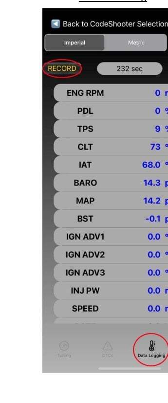 CodeShooter · Data Logging screen